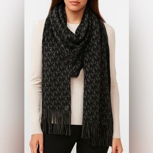 Michael Kors Signature MK Logo Jacquard Fringe Scarf Winter Designer